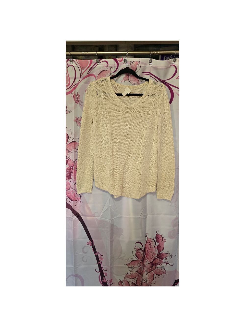 Chico's Size 1 Womens Medium 8 Cream Sweater with Sequins